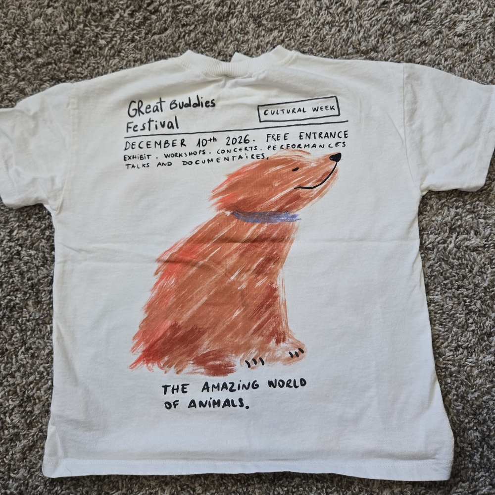 Zara White Tee with Orange Dog Illustration